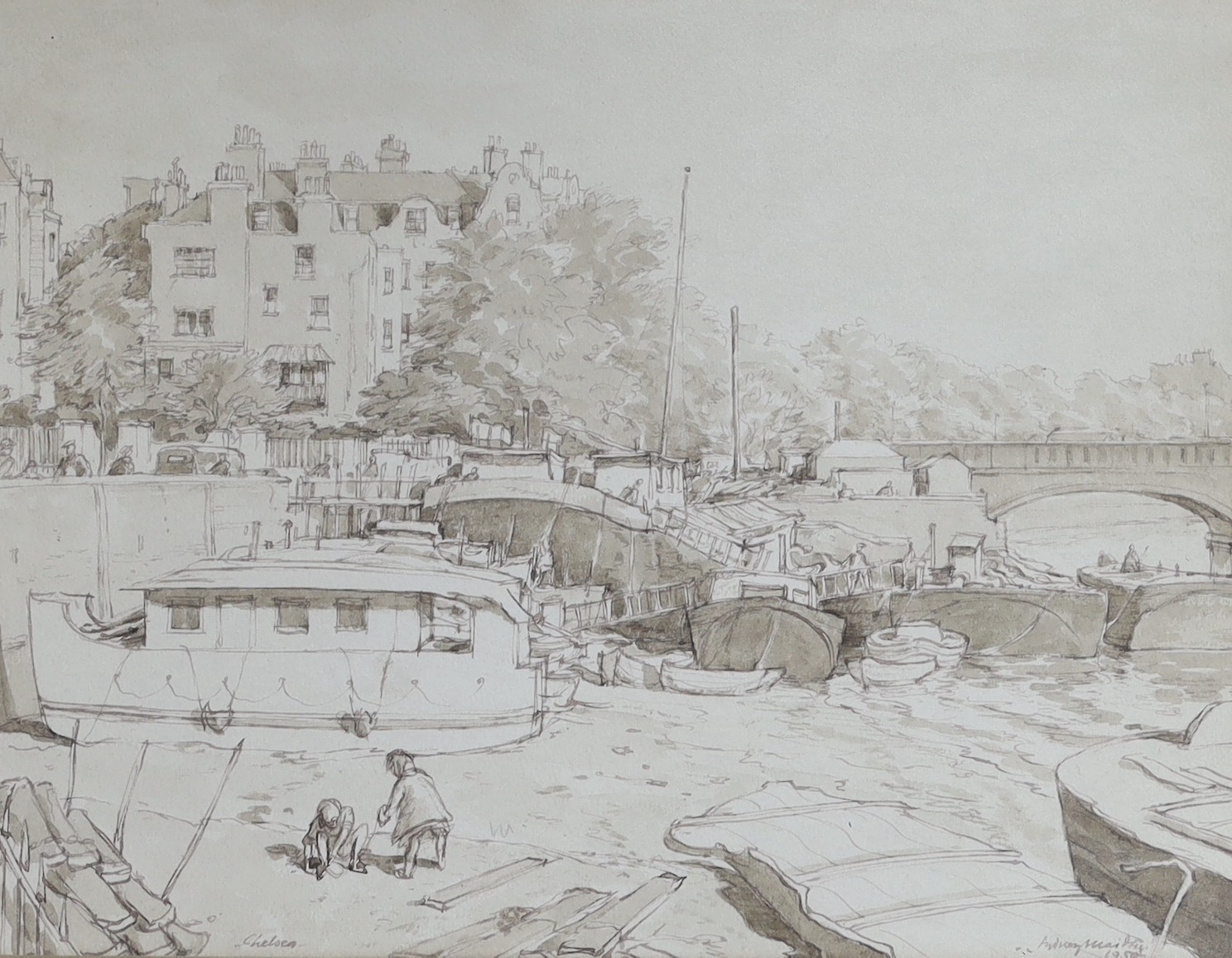 Sydney Maiden (1893-1963), monochrome watercolour, 'Cheyne Walk', signed and dated 1950, 24 x 33cm